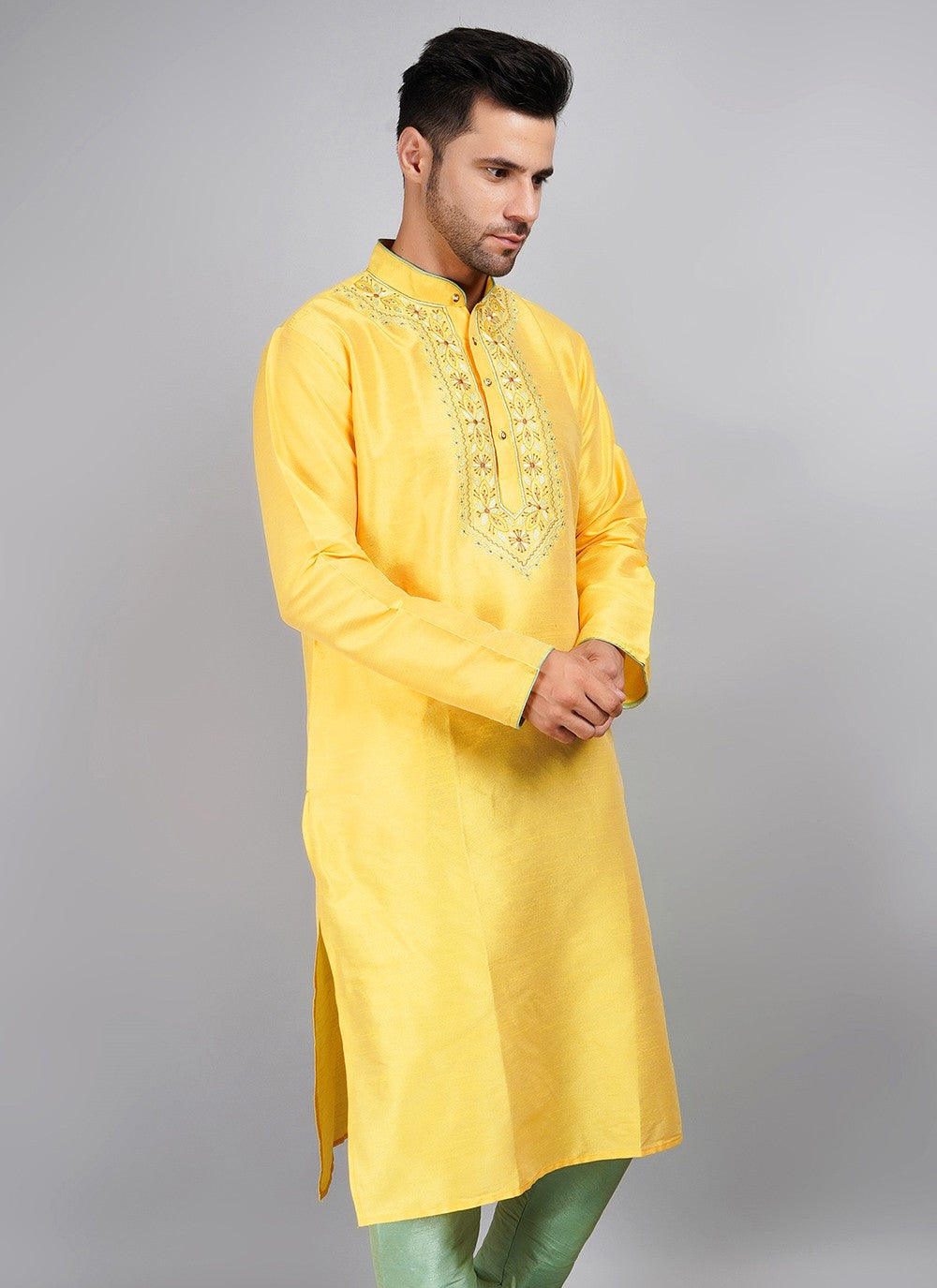 Machine Embroidery Dupion Silk Yellow Kurta - M5736