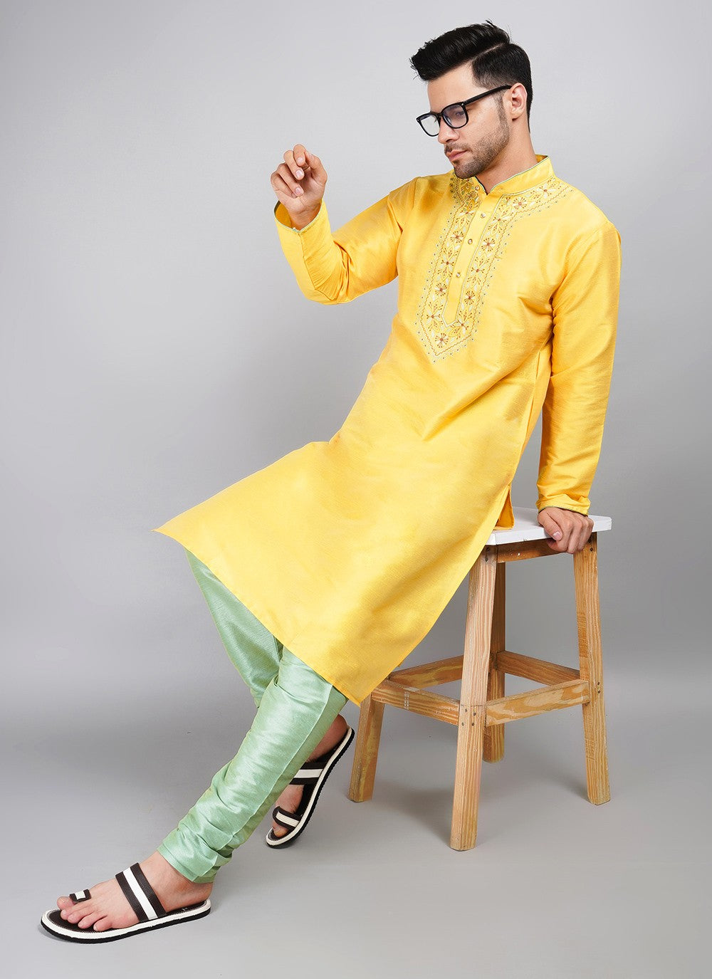 Machine Embroidery Dupion Silk Yellow Kurta - M5736