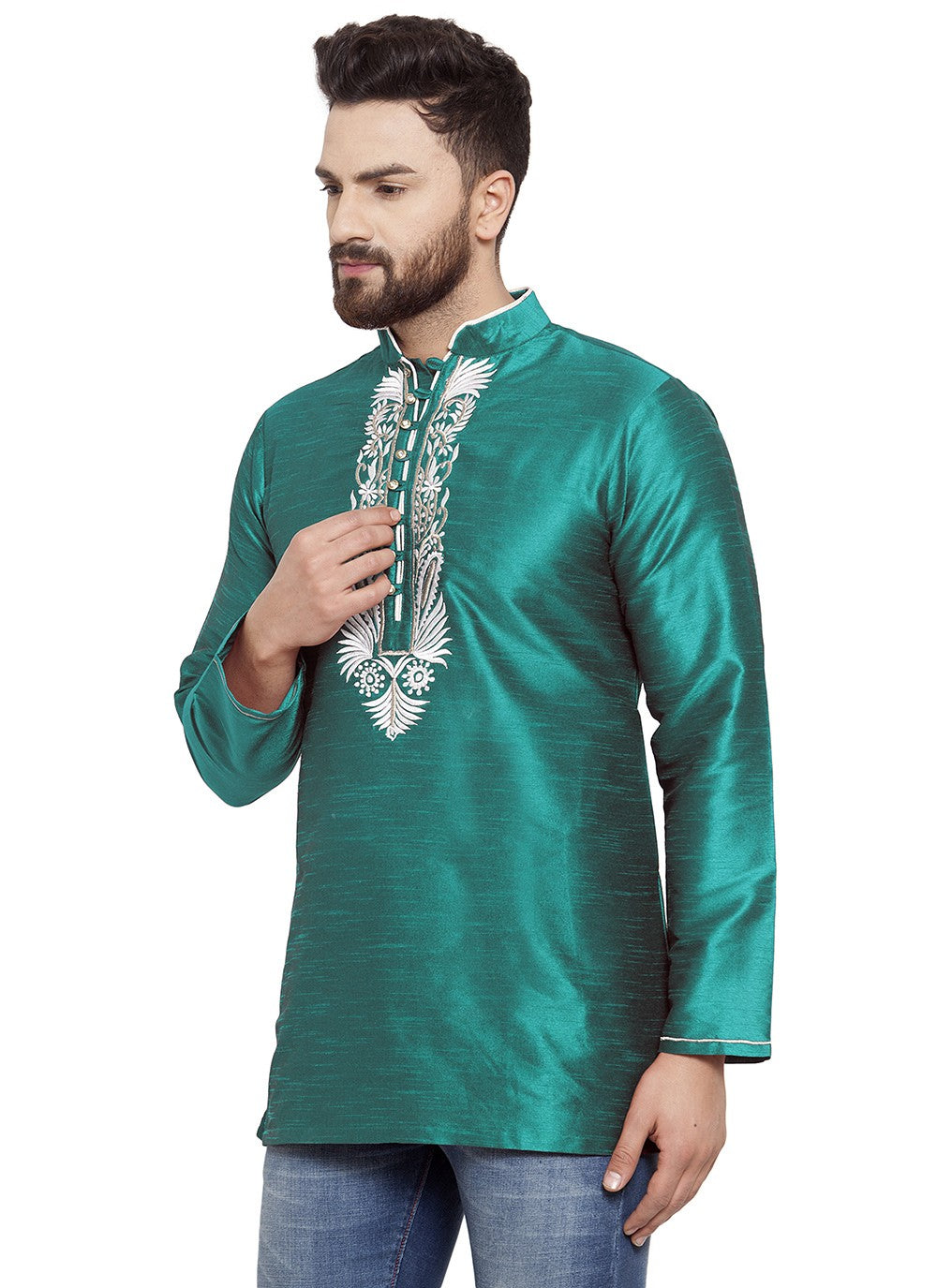Machine Embroidery Dupion Silk Sea Green Short Kurta - M5735