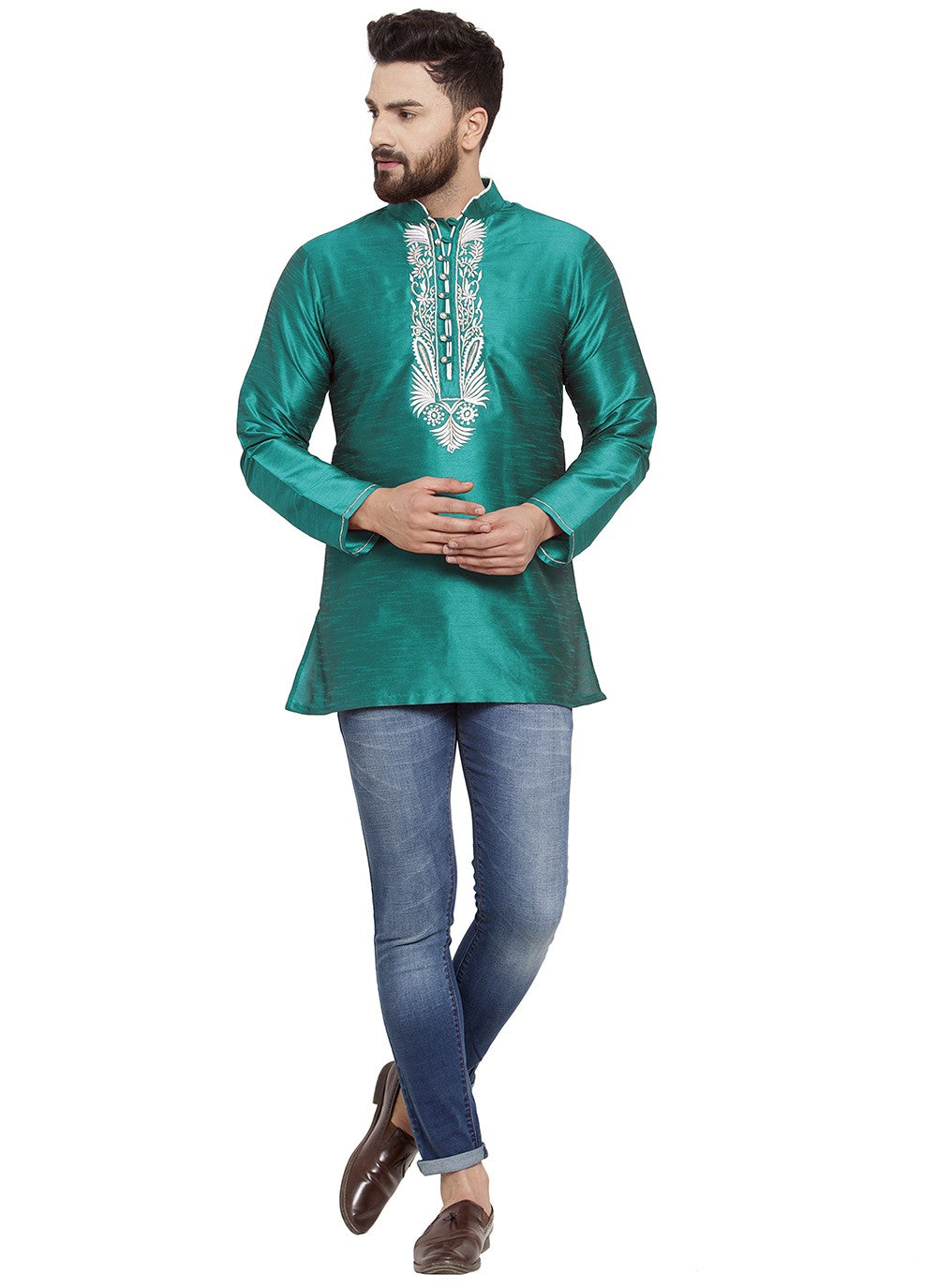 Machine Embroidery Dupion Silk Sea Green Short Kurta - M5735