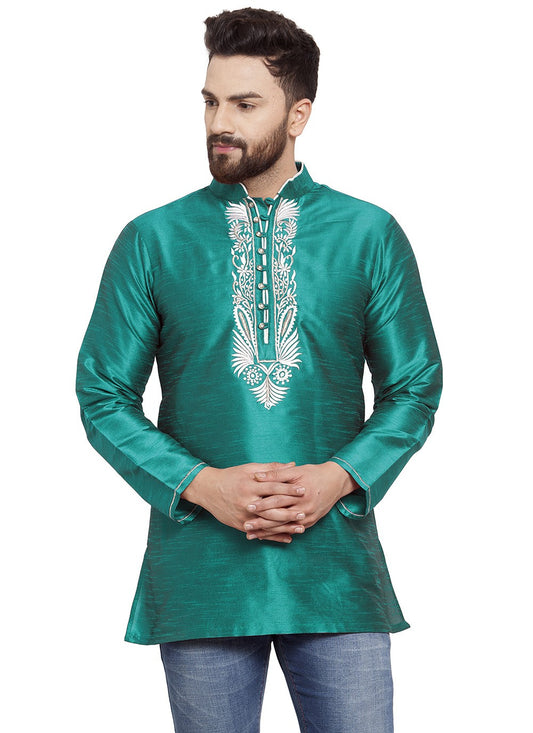 Machine Embroidery Dupion Silk Sea Green Short Kurta - M5735