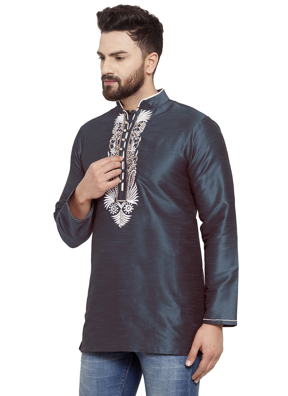 Machine Embroidery Dupion Silk Blue Short Kurta - M5729