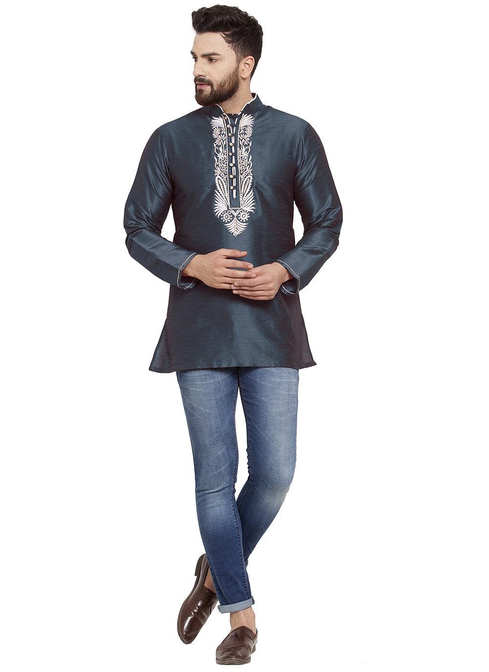 Machine Embroidery Dupion Silk Blue Short Kurta - M5729