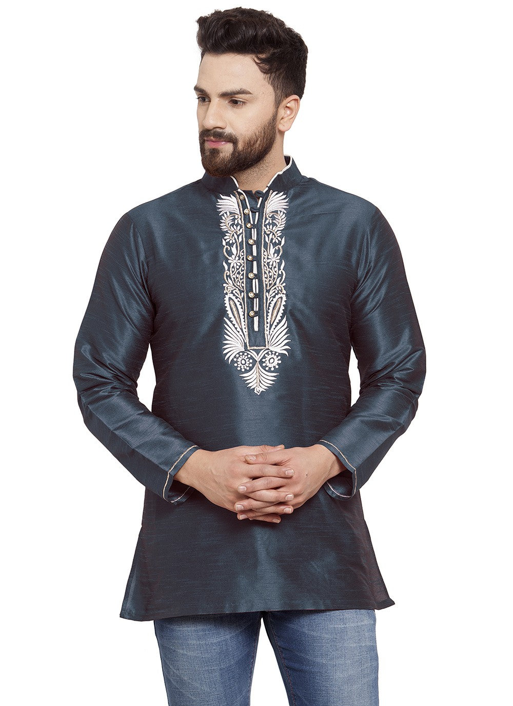 Machine Embroidery Dupion Silk Blue Short Kurta - M5729