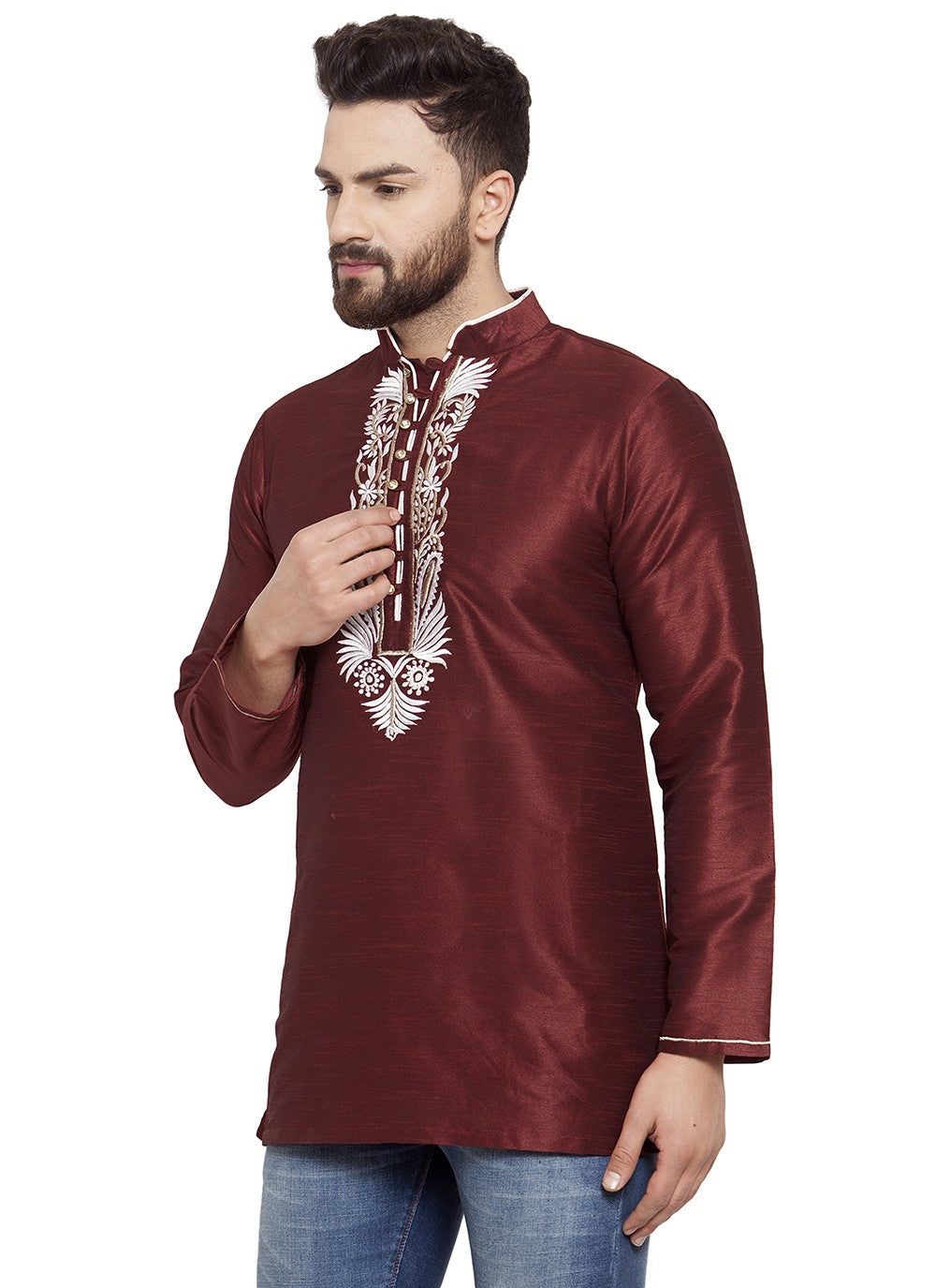 Machine Embroidery Dupion Silk Maroon Short Kurta - M5728