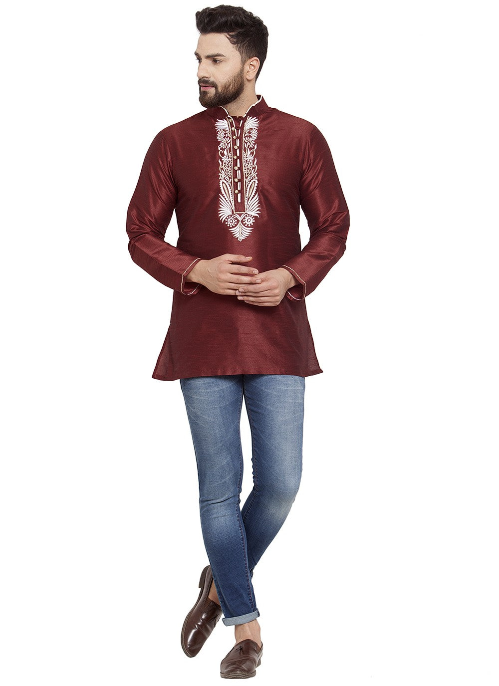 Machine Embroidery Dupion Silk Maroon Short Kurta - M5728