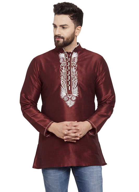 Machine Embroidery Dupion Silk Maroon Short Kurta - M5728
