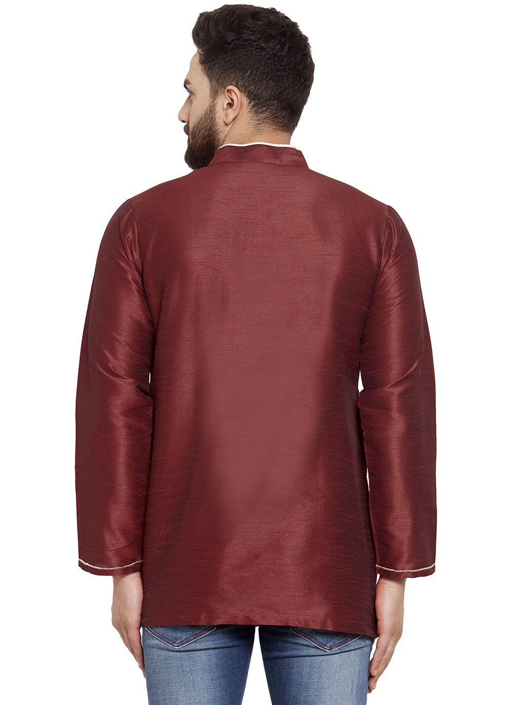 Machine Embroidery Dupion Silk Maroon Short Kurta - M5728