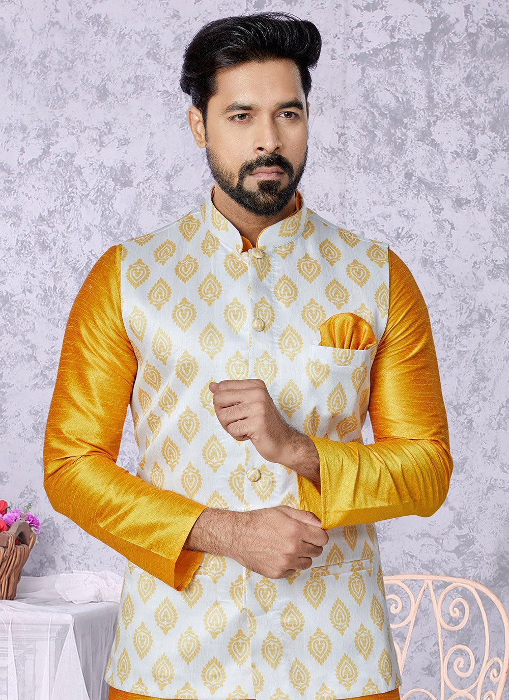 Fancy Work Dupion Silk Mustard, White Kurta Payjama With Jacket - M5507