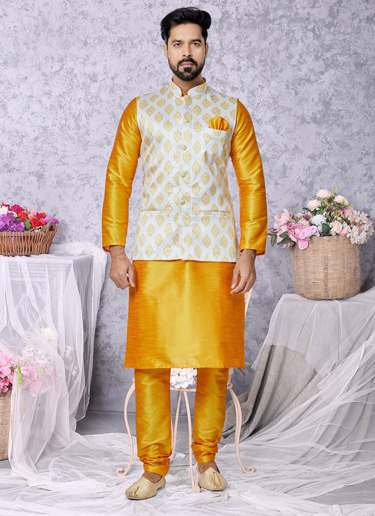Fancy Work Dupion Silk Mustard, White Kurta Payjama With Jacket - M5507