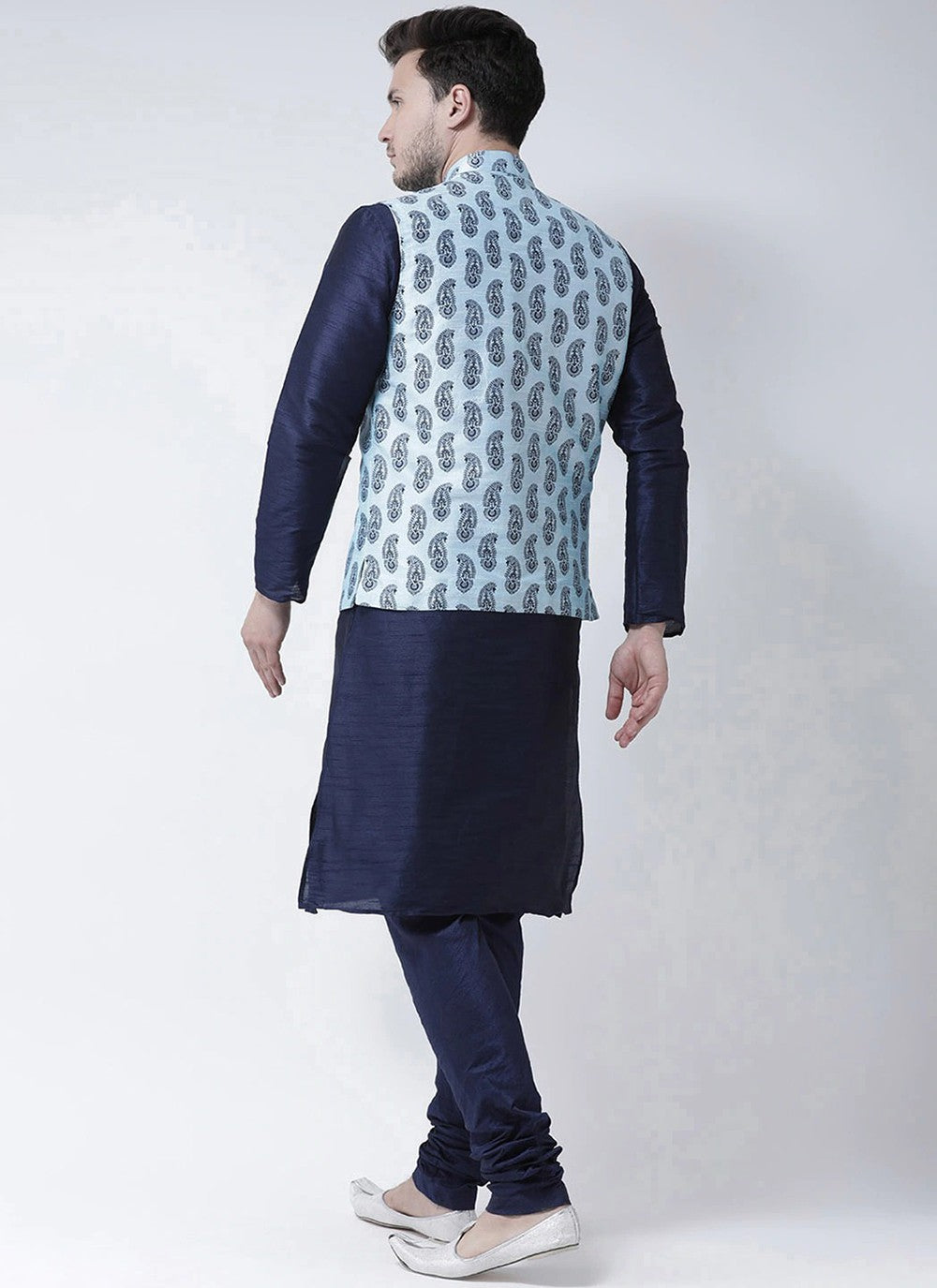 Printed Dupion Silk Navy Blue, Turquoise Kurta Payjama With Jacket - M6278