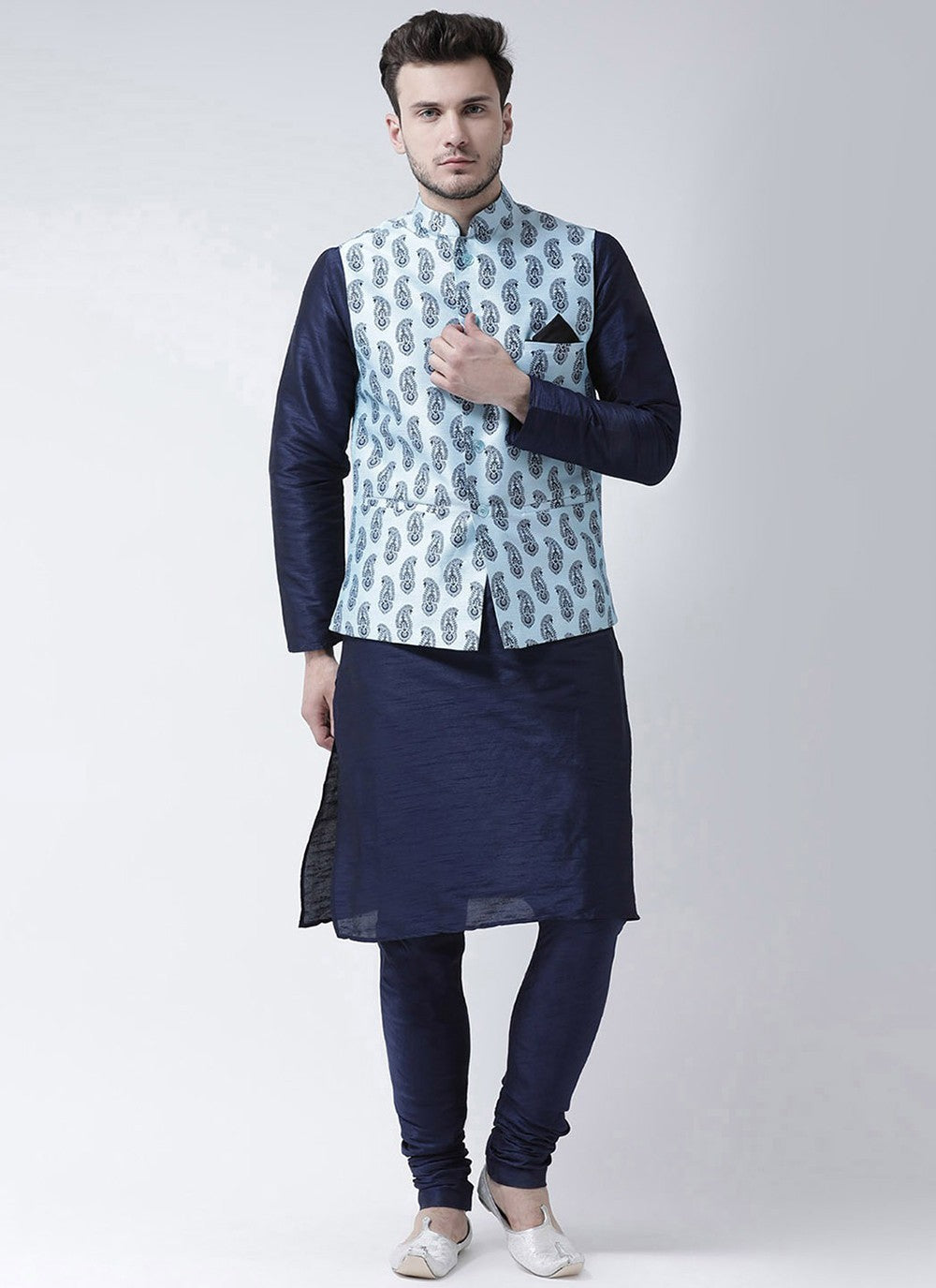 Printed Dupion Silk Navy Blue, Turquoise Kurta Payjama With Jacket - M6278