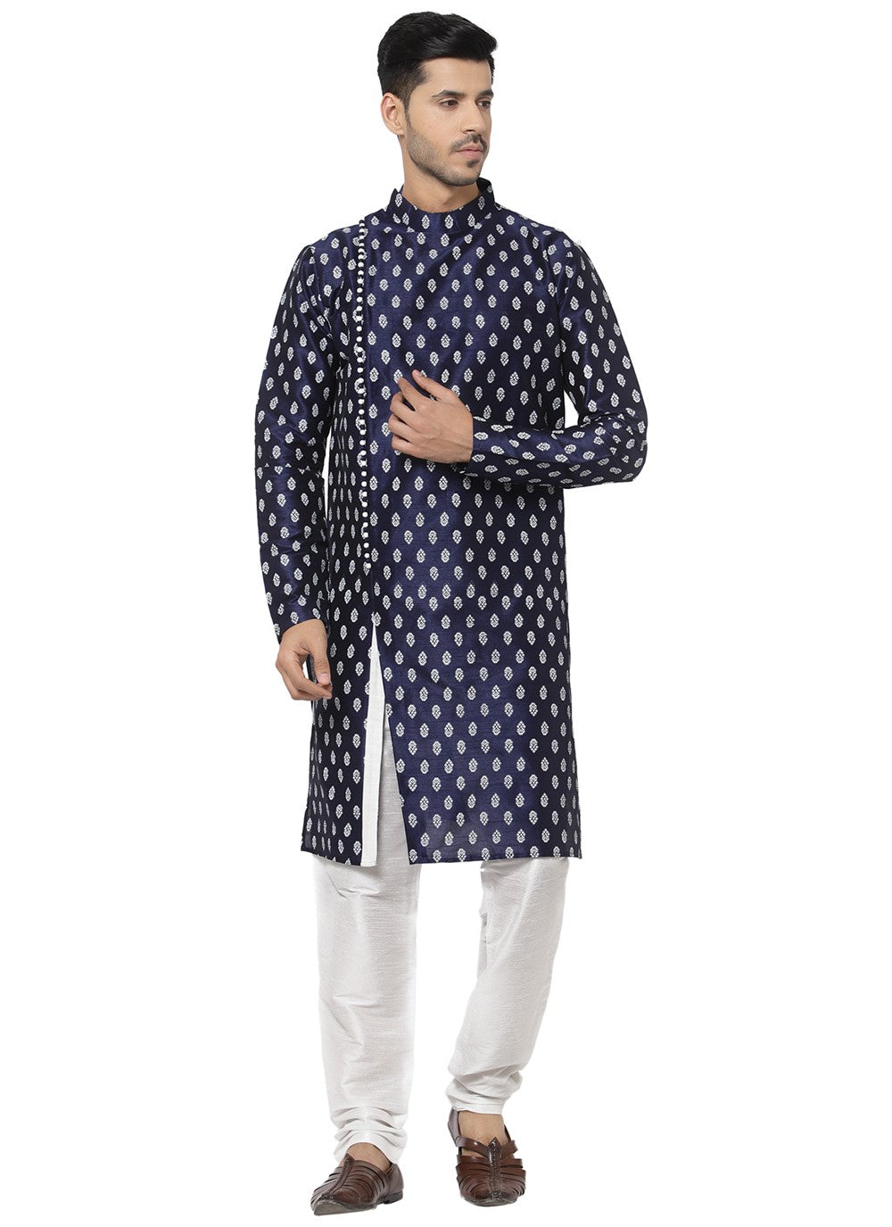 Printed Dupion Silk Navy Blue Angrakha - M3196