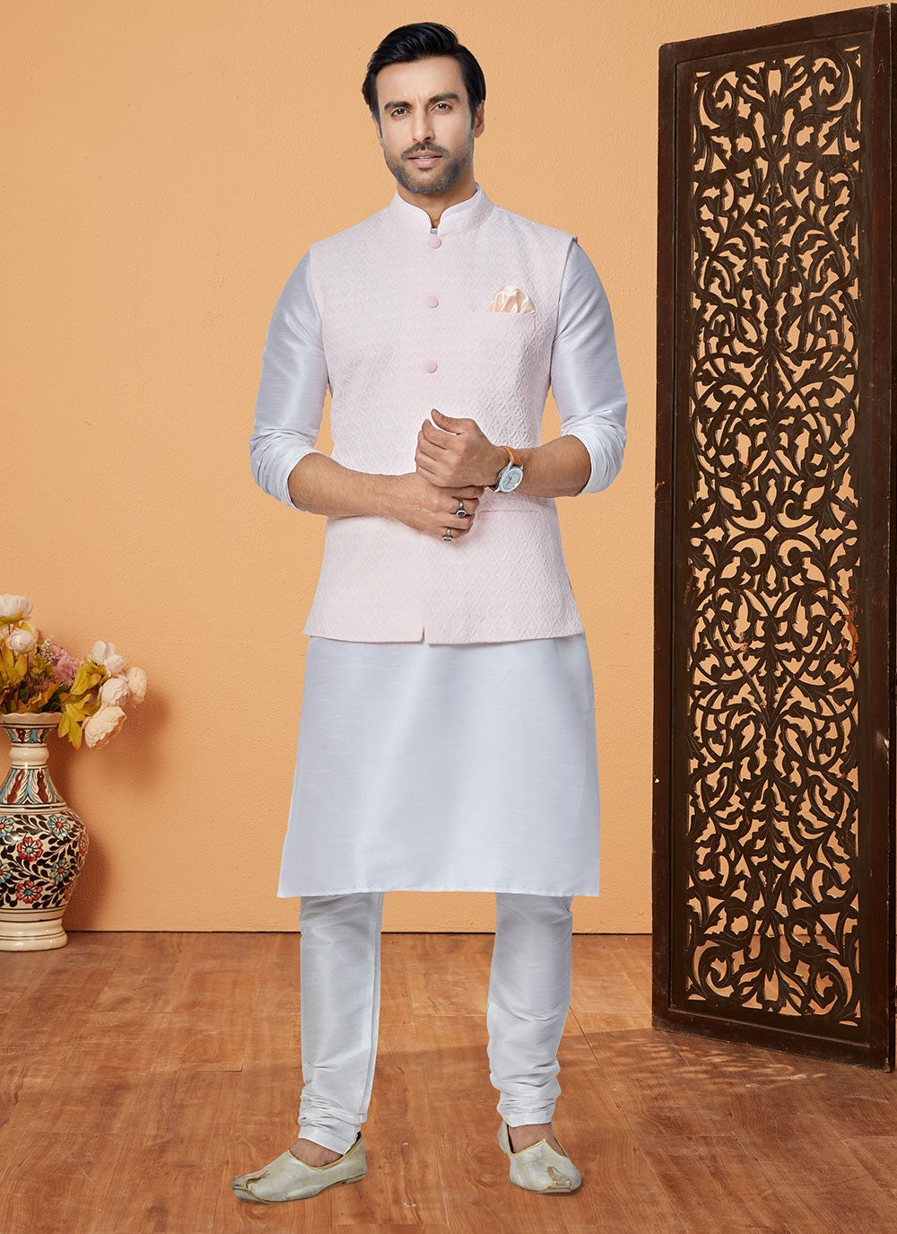 Resham Thread Work Dupion Silk, Viscose Off White, Pink Kurta Payjama With Jacket - M5473