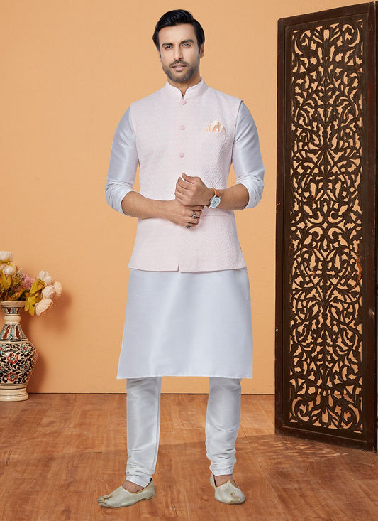 Resham Thread Work Dupion Silk, Viscose Off White, Pink Kurta Payjama With Jacket - M5473