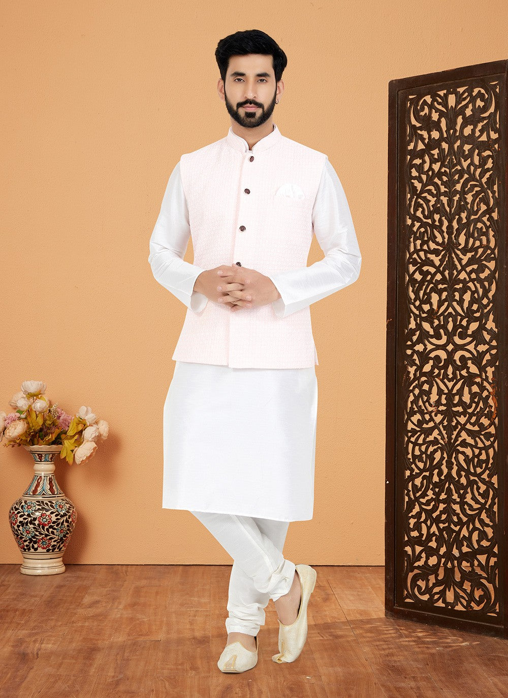 Resham Thread Work Dupion Silk Pink, White Kurta Payjama With Jacket - M5472
