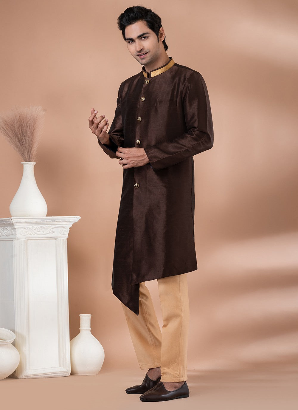 Plain Dupion Silk Brown Indo Western - M7057
