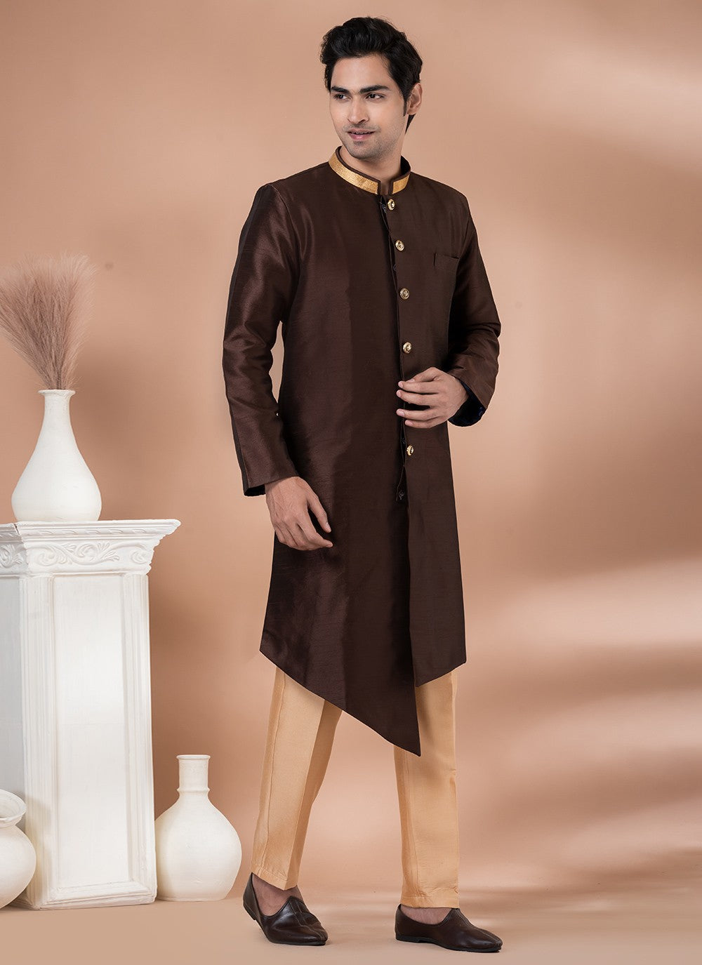 Plain Dupion Silk Brown Indo Western - M7057