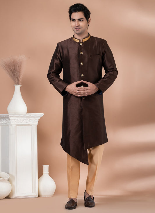 Plain Dupion Silk Brown Indo Western - M7057