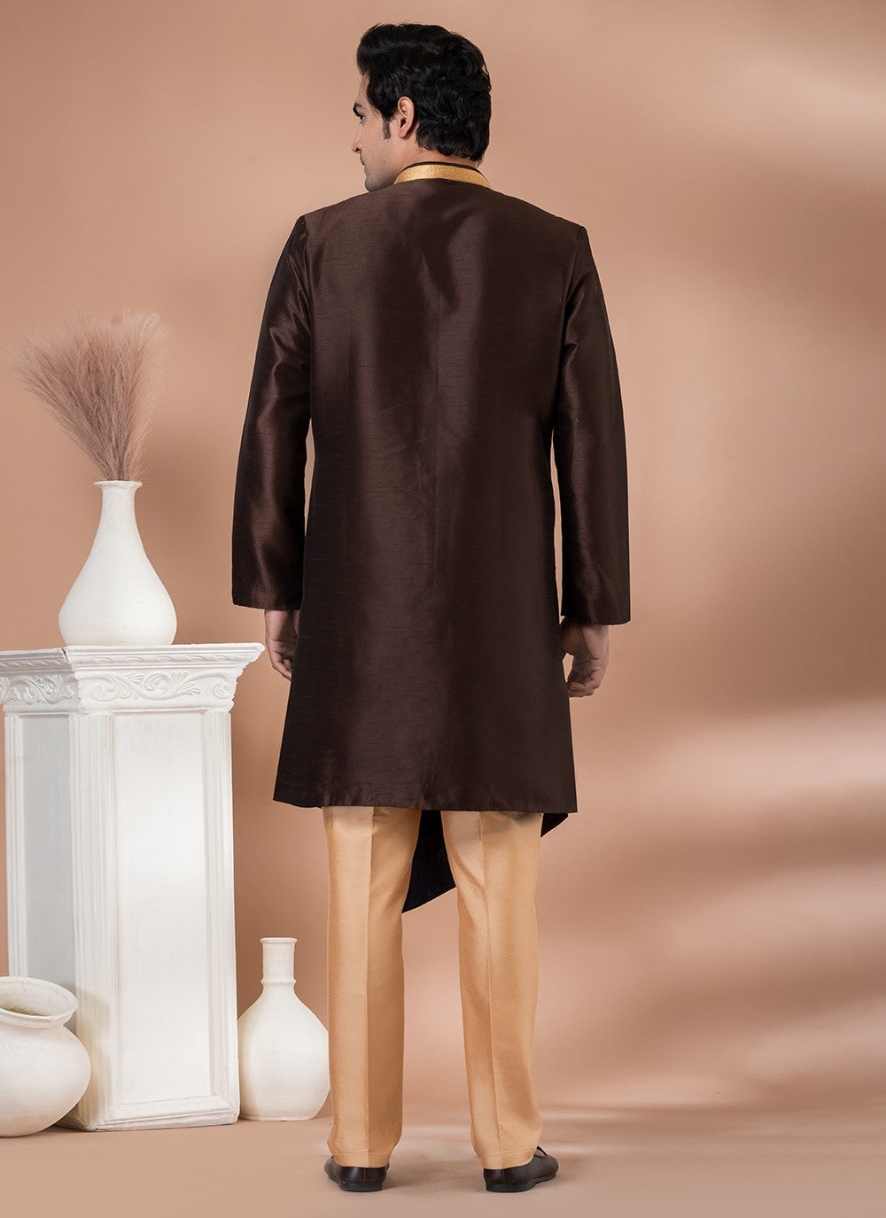 Plain Dupion Silk Brown Indo Western - M7057