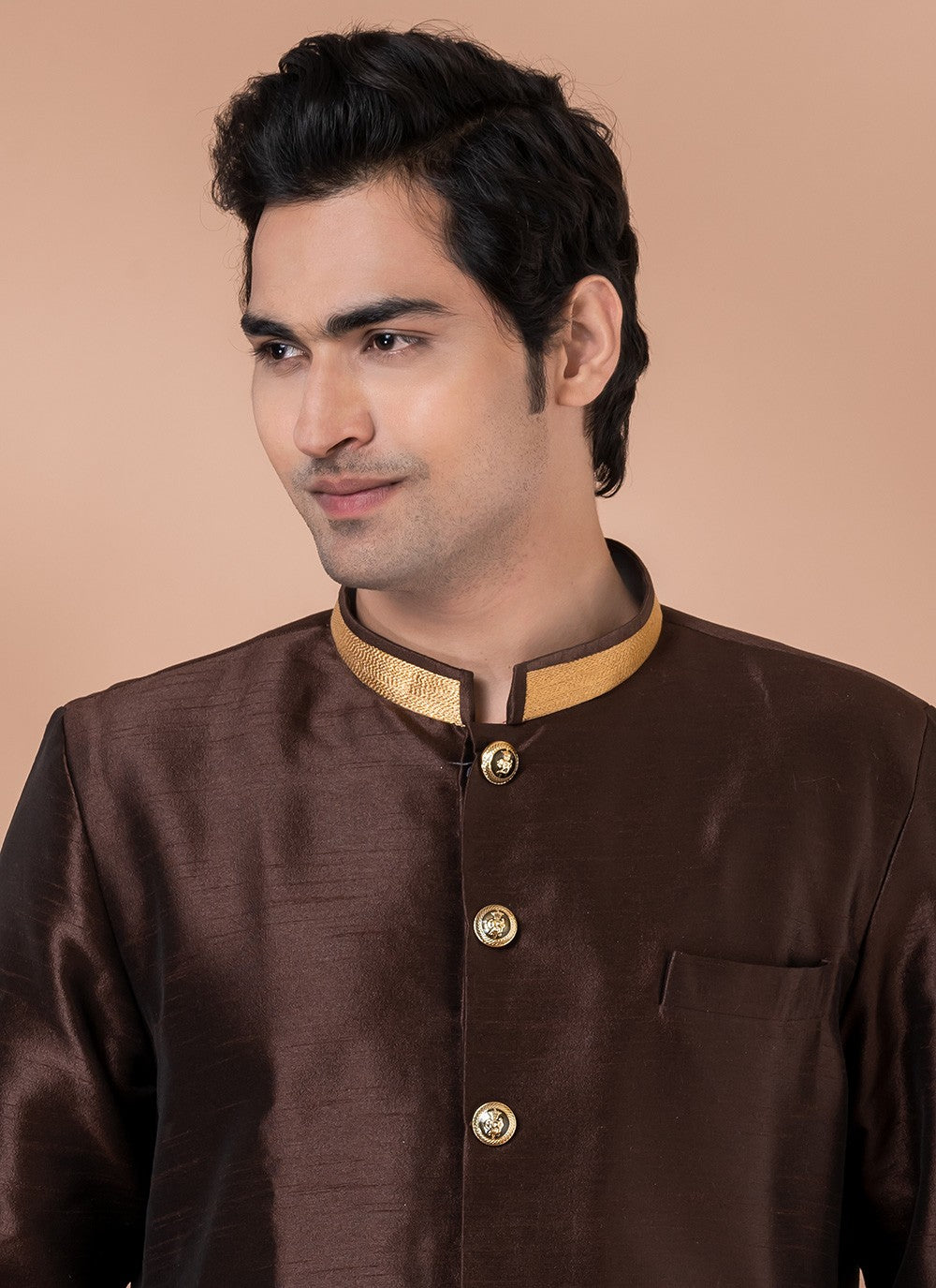 Plain Dupion Silk Brown Indo Western - M7057