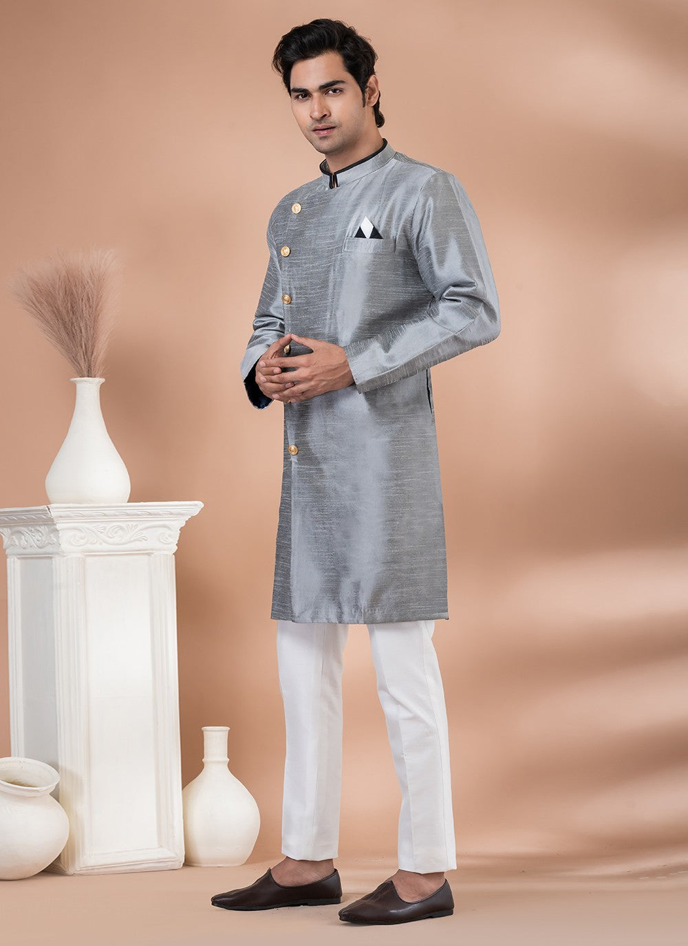 Plain Dupion Silk Grey Indo Western - M7059