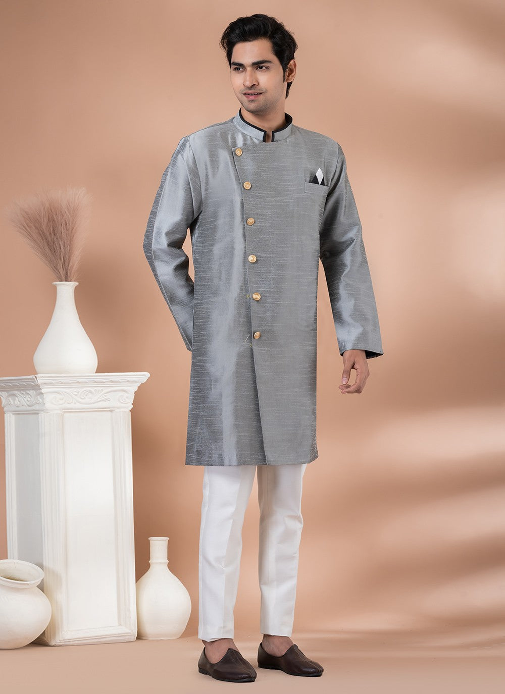 Plain Dupion Silk Grey Indo Western - M7059