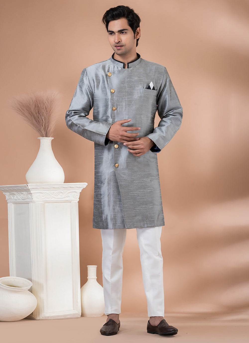 Plain Dupion Silk Grey Indo Western - M7059
