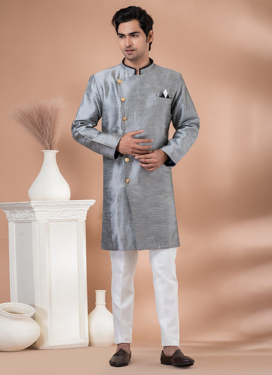 Plain Dupion Silk Grey Indo Western - M7059