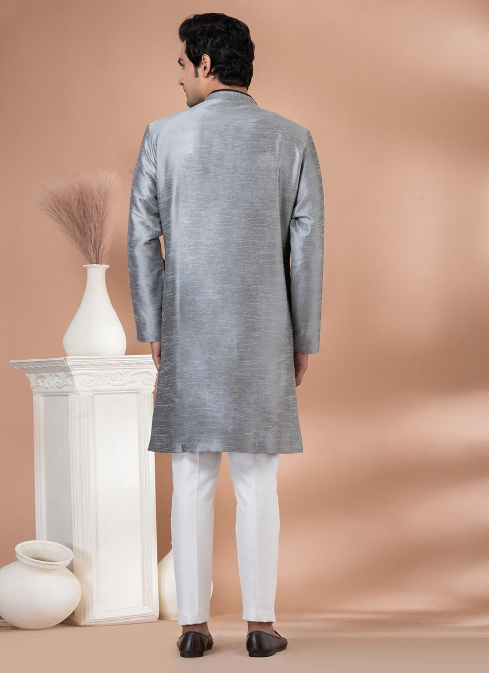 Plain Dupion Silk Grey Indo Western - M7059