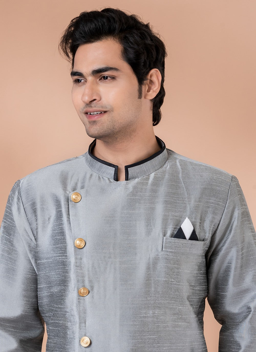 Plain Dupion Silk Grey Indo Western - M7059