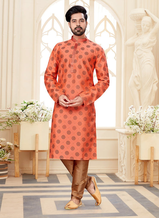 Printed Dupion Silk Peach Kurta - M5582