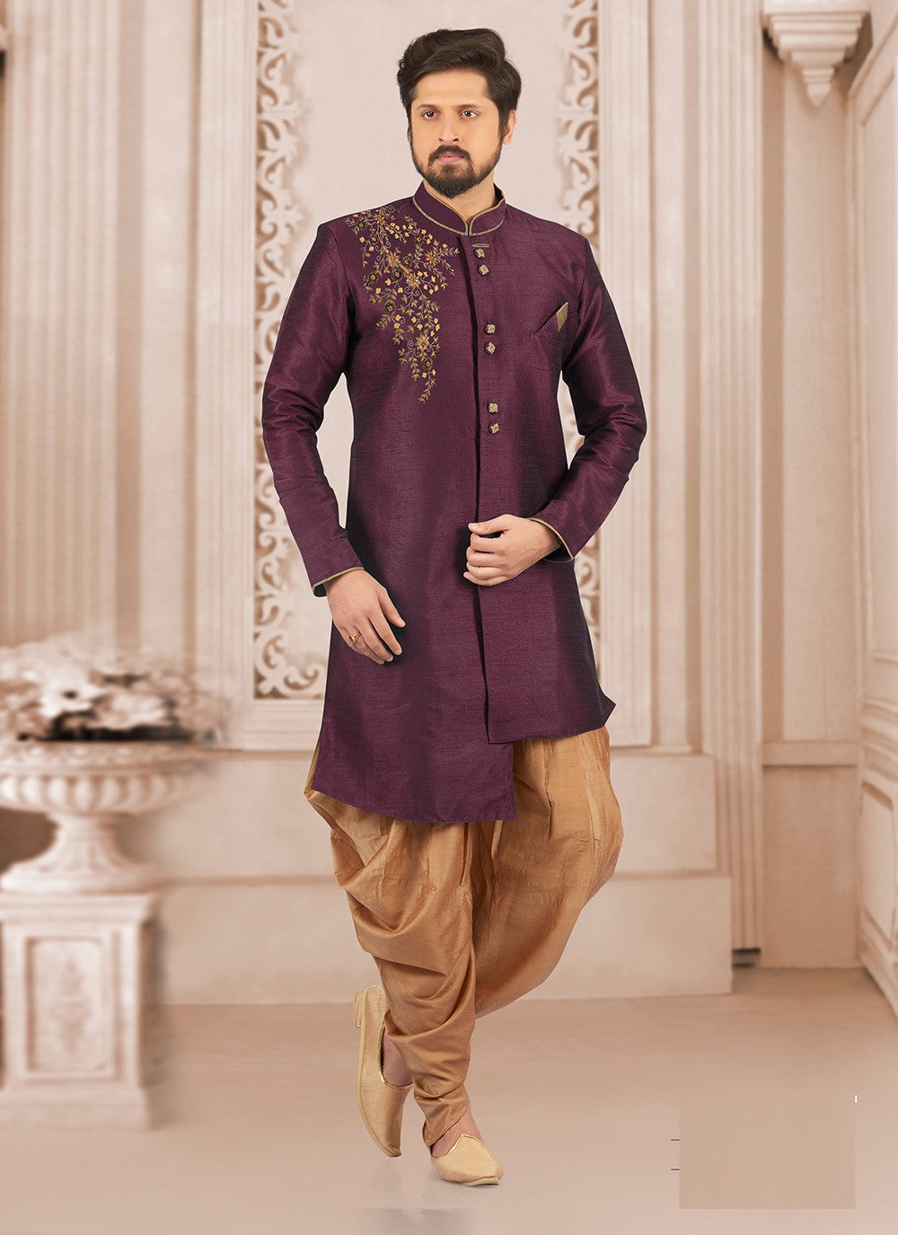 Embroidered Dupion Silk Purple Indo Western - M6388