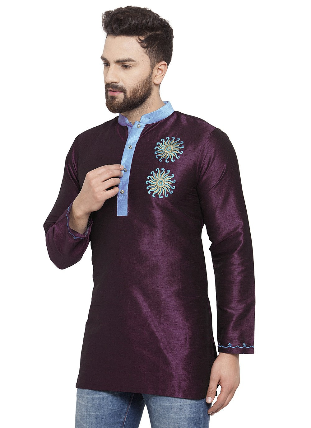 Machine Embroidery Dupion Silk Purple Short Kurta - M5717