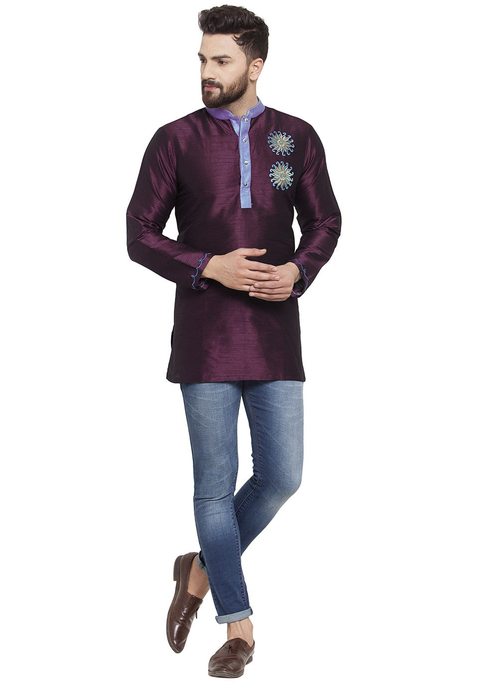Machine Embroidery Dupion Silk Purple Short Kurta - M5717