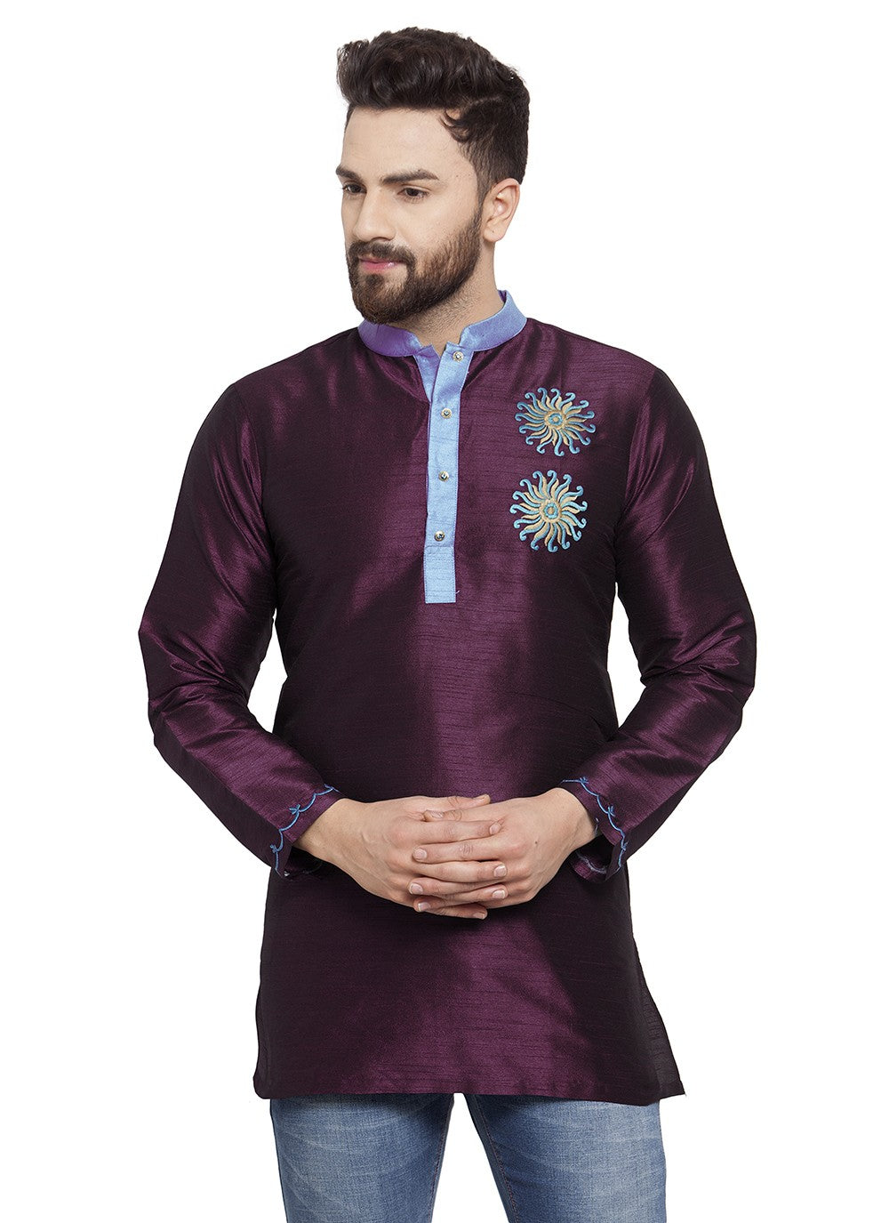 Machine Embroidery Dupion Silk Purple Short Kurta - M5717