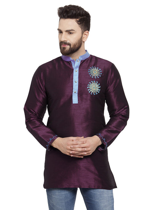 Machine Embroidery Dupion Silk Purple Short Kurta - M5717