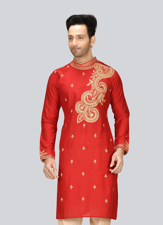 Embroidered Dupion Silk Red Kurta - M2376