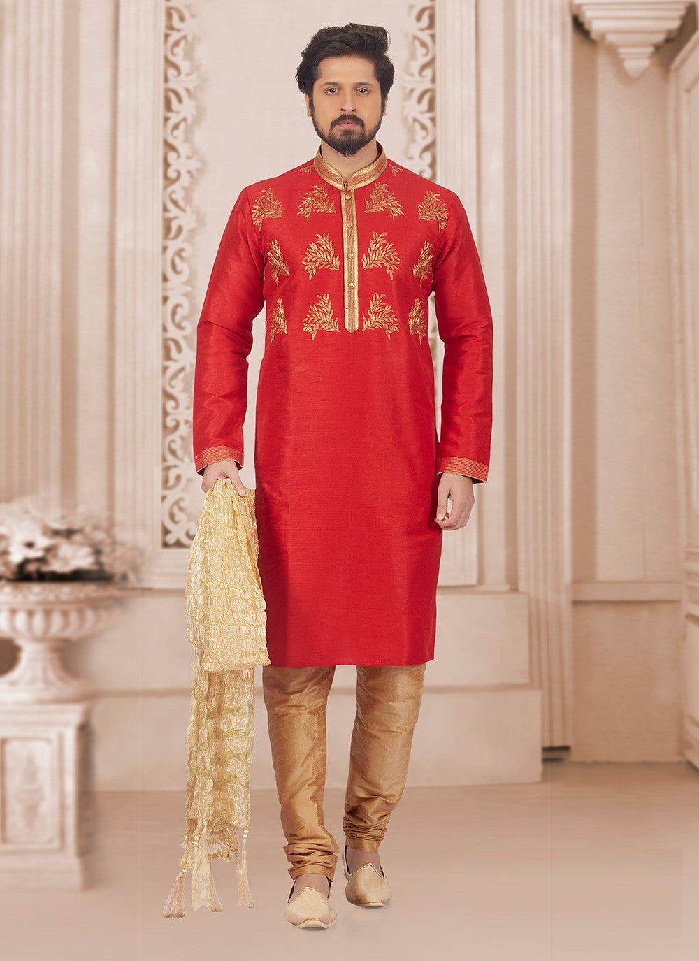 Embroidered Dupion Silk Red Kurta Pyjama - M6543