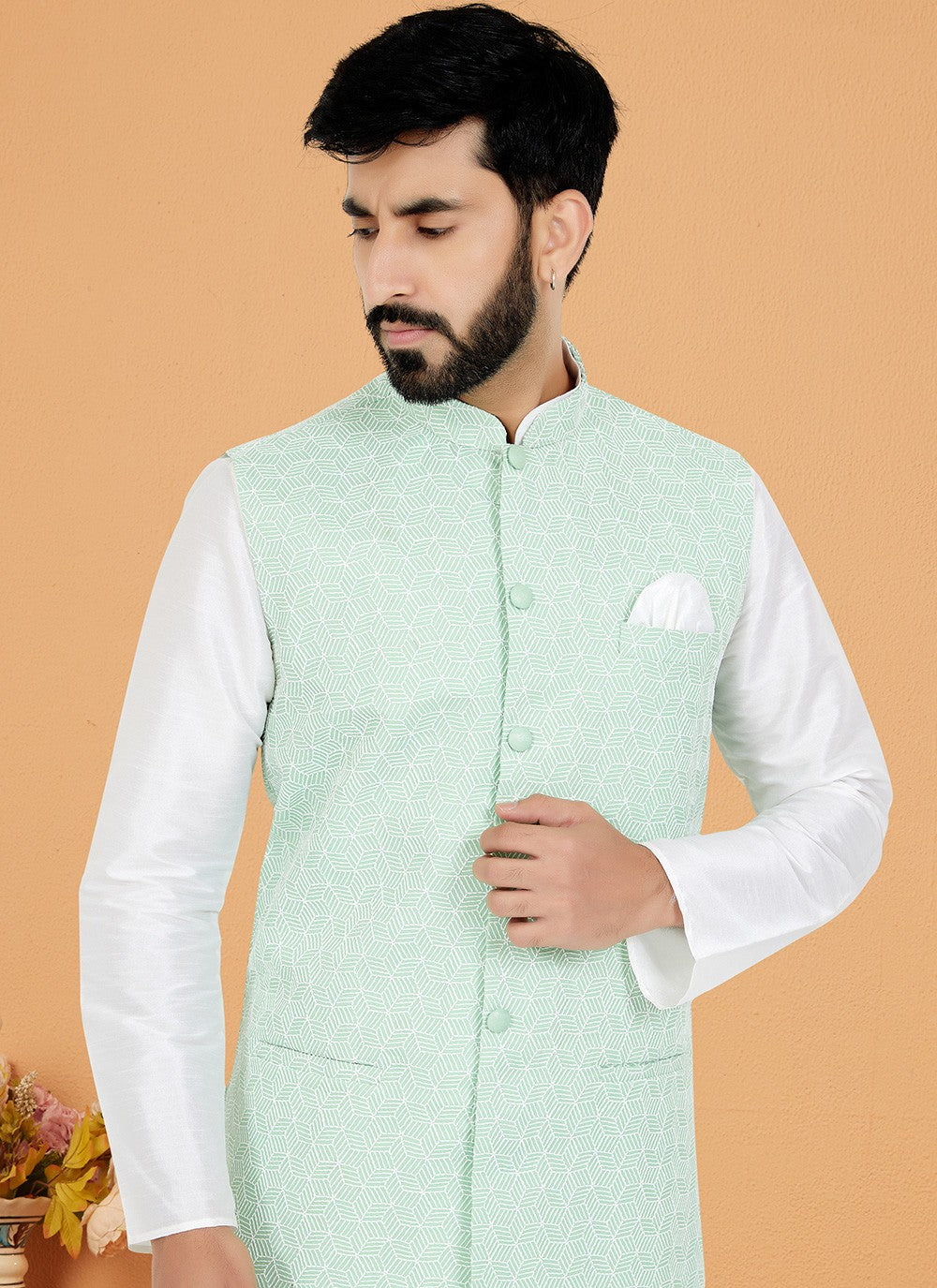 Resham Thread Work Dupion Silk Green, White Kurta Payjama With Jacket - M5470