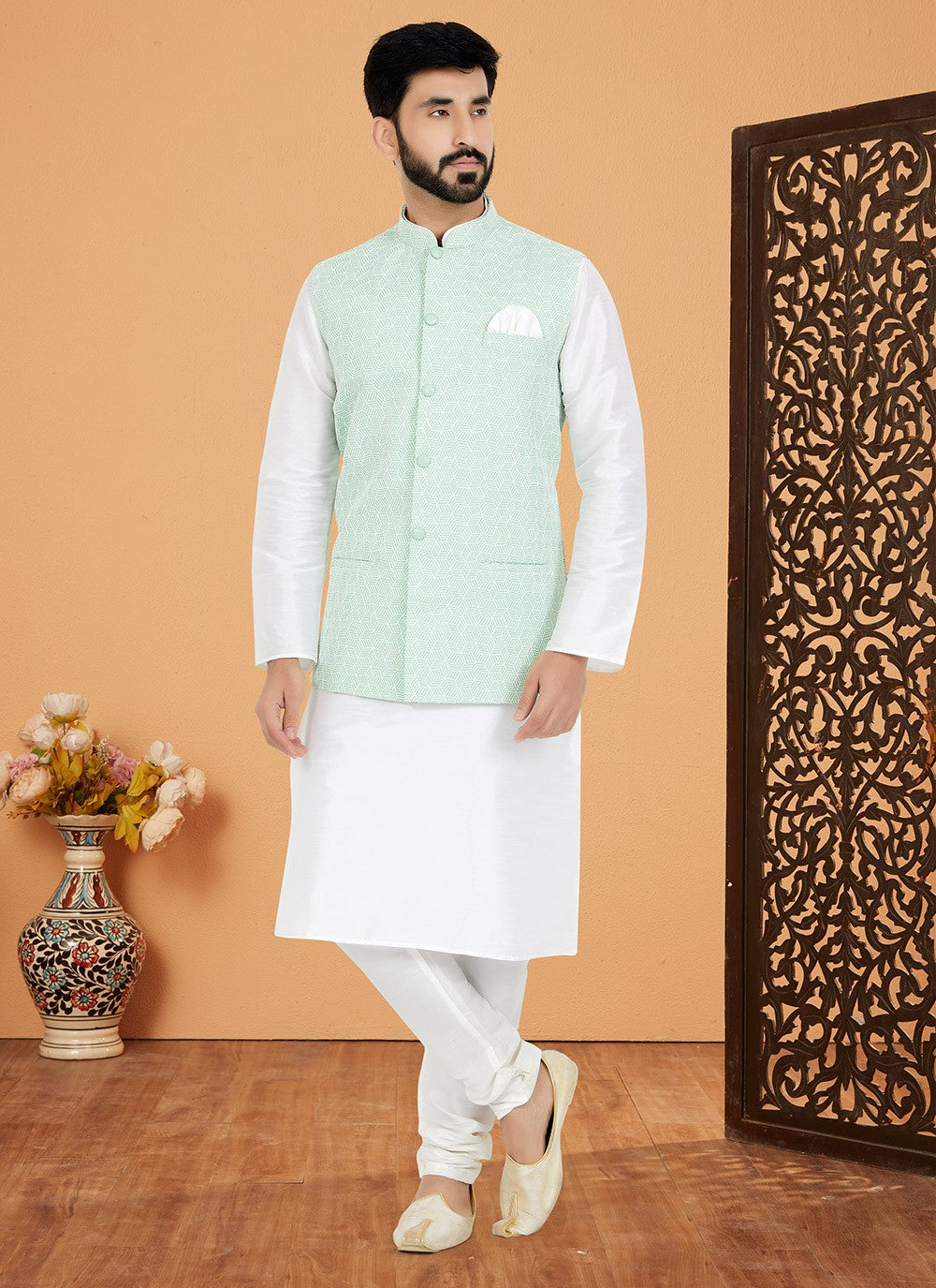 Resham Thread Work Dupion Silk Green, White Kurta Payjama With Jacket - M5470