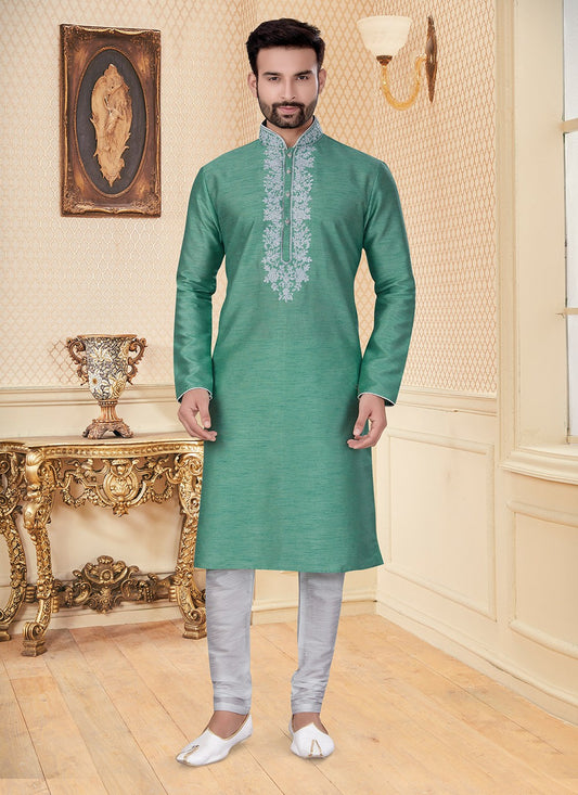Thread Dupion Silk Sea Green Kurta - M5605