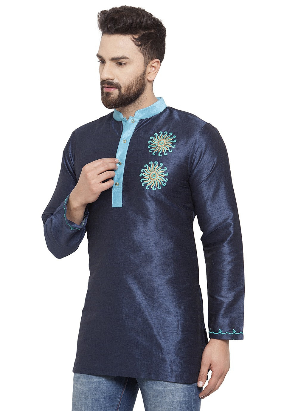 Machine Embroidery Dupion Silk Navy Blue Short Kurta - M5720