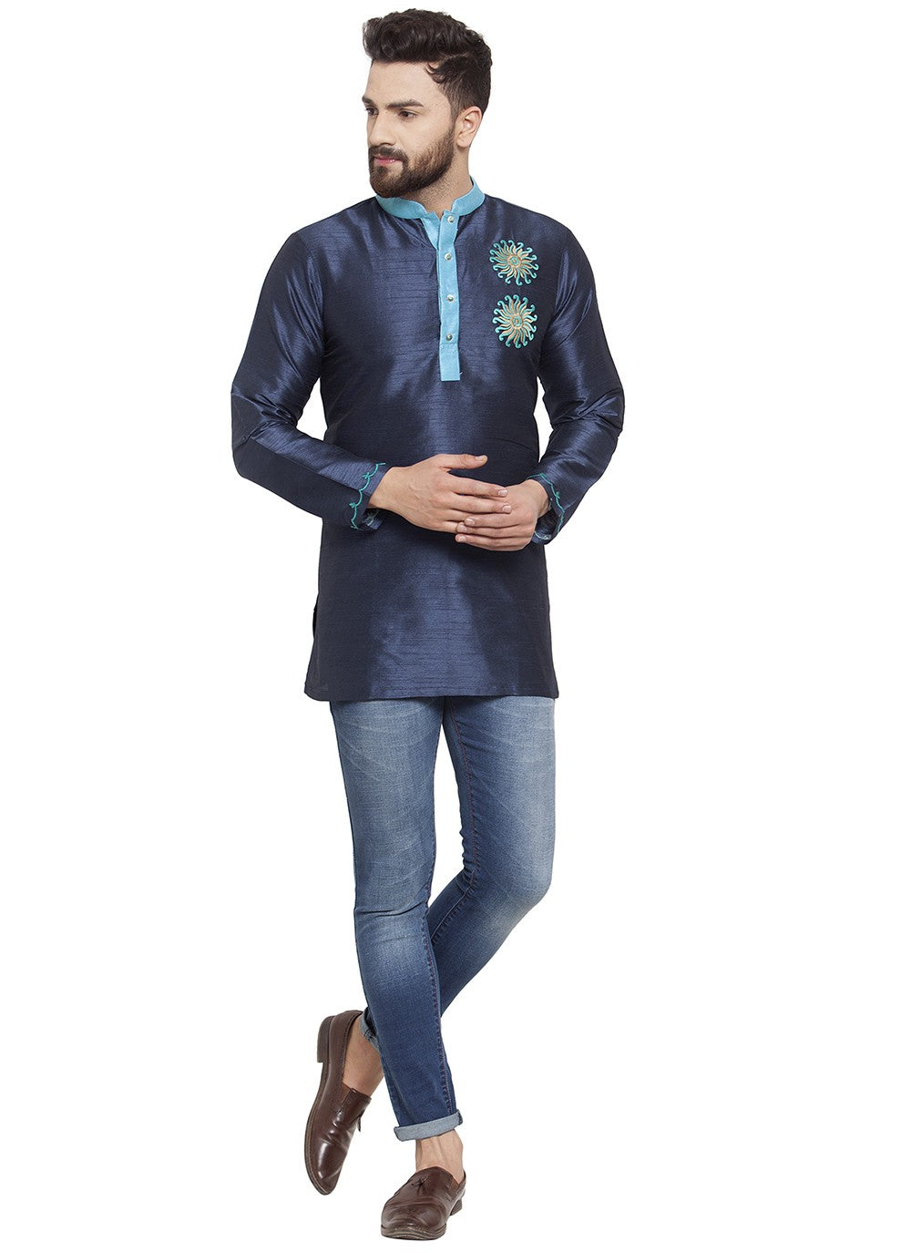 Machine Embroidery Dupion Silk Navy Blue Short Kurta - M5720