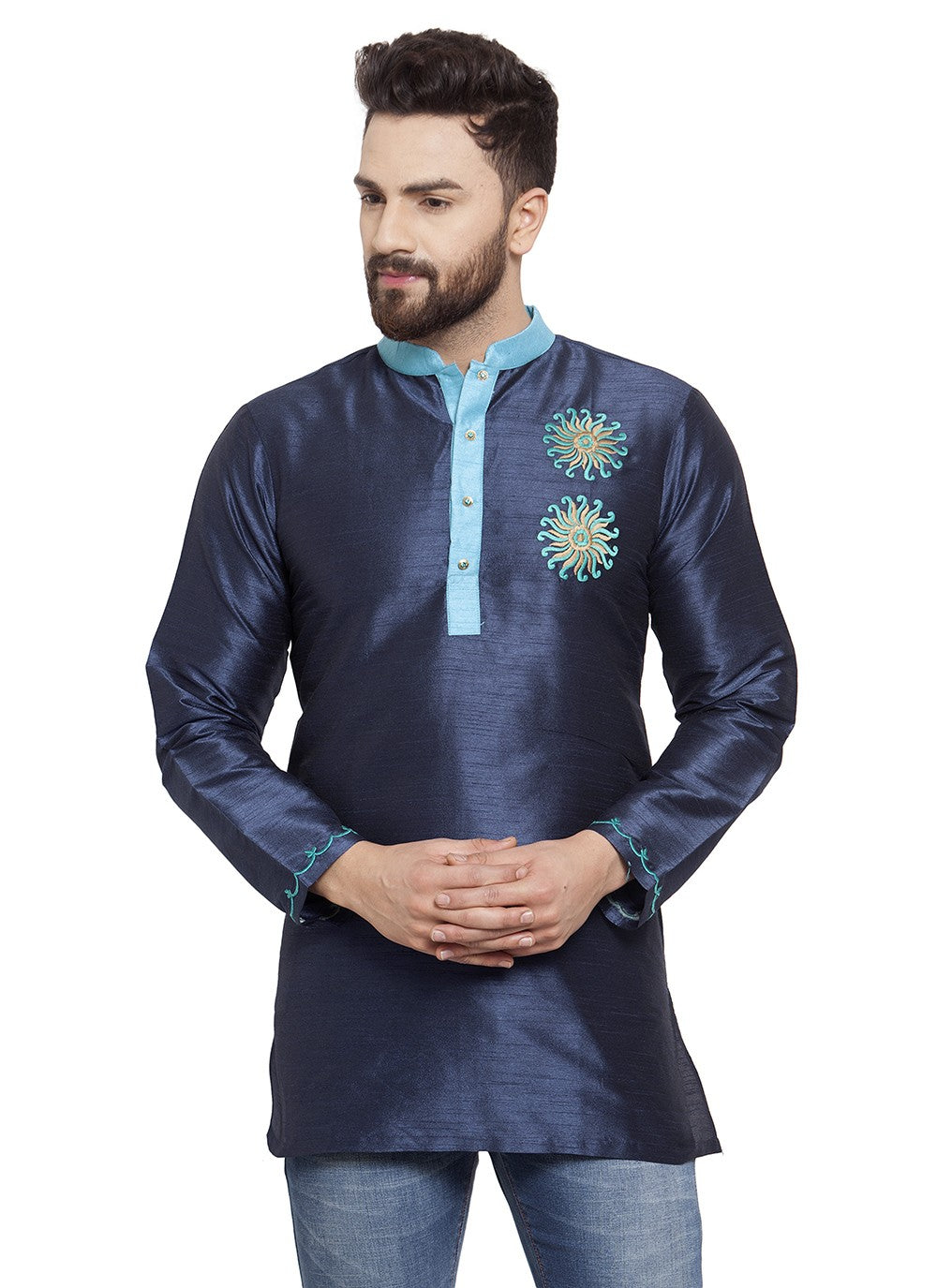 Machine Embroidery Dupion Silk Navy Blue Short Kurta - M5720