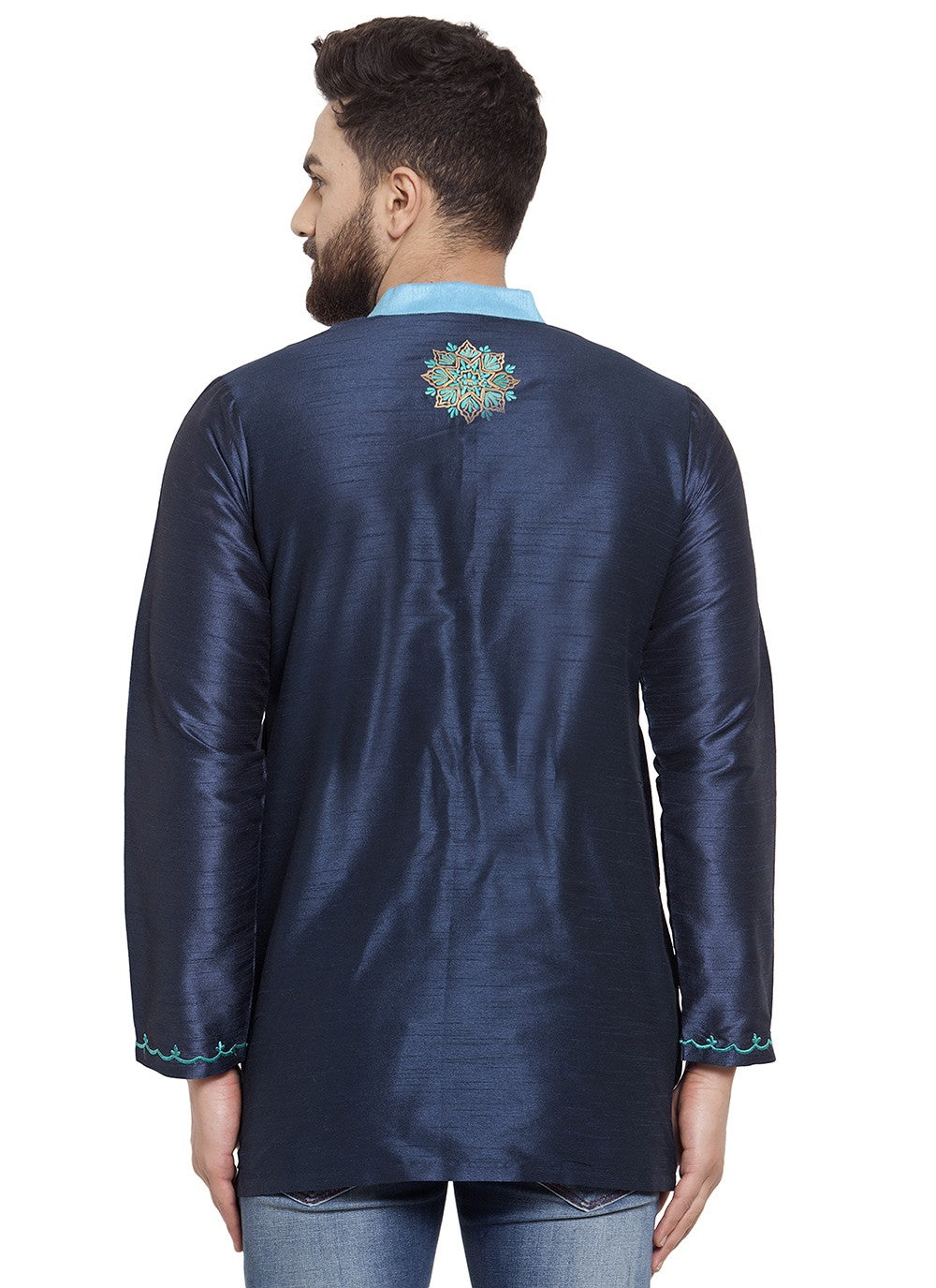 Machine Embroidery Dupion Silk Navy Blue Short Kurta - M5720