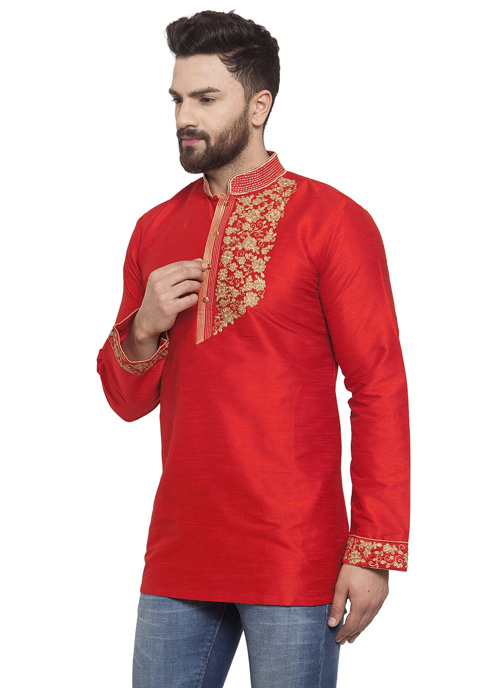 Machine Embroidery Dupion Silk Red Short Kurta - M5721