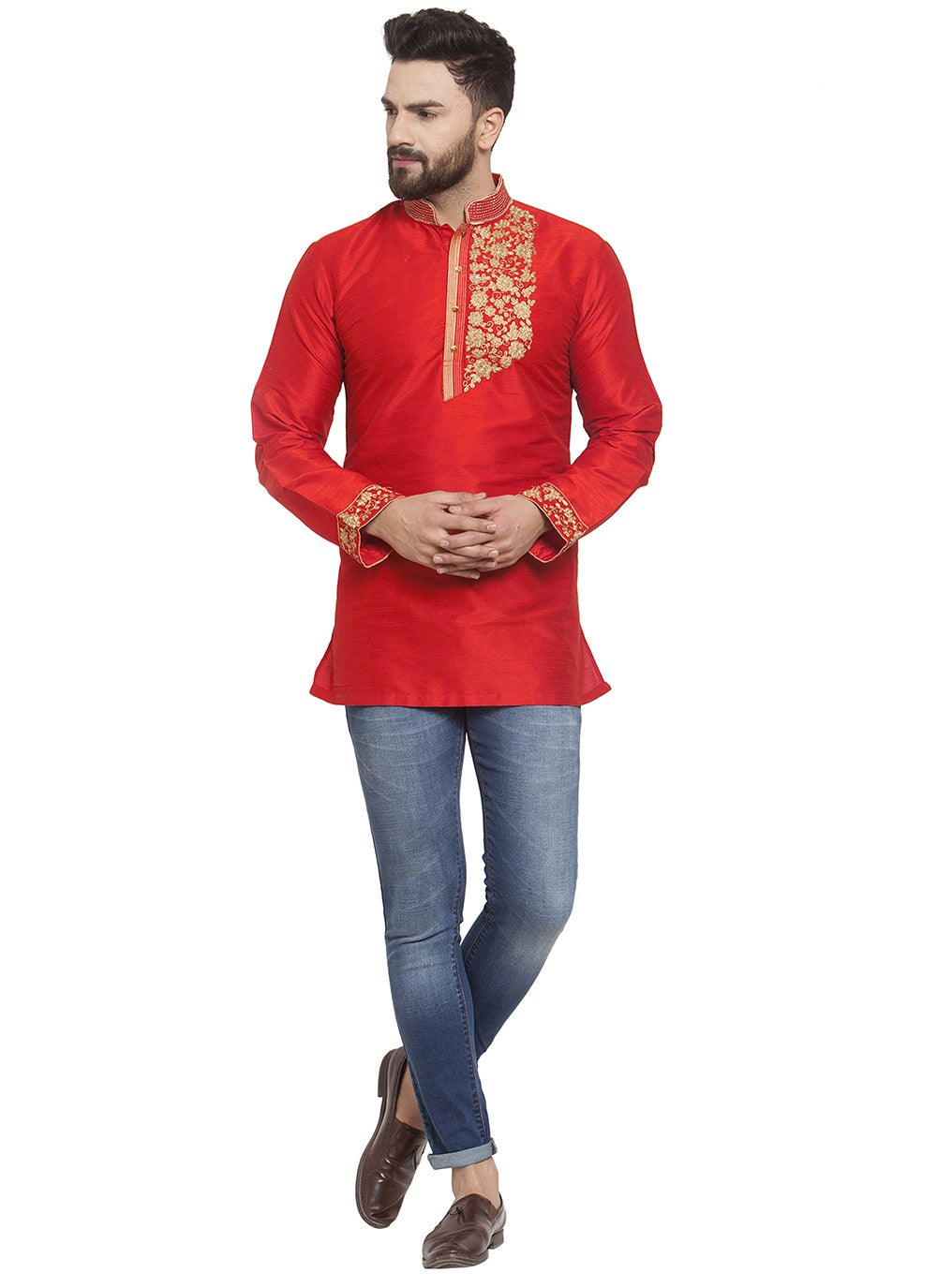 Machine Embroidery Dupion Silk Red Short Kurta - M5721