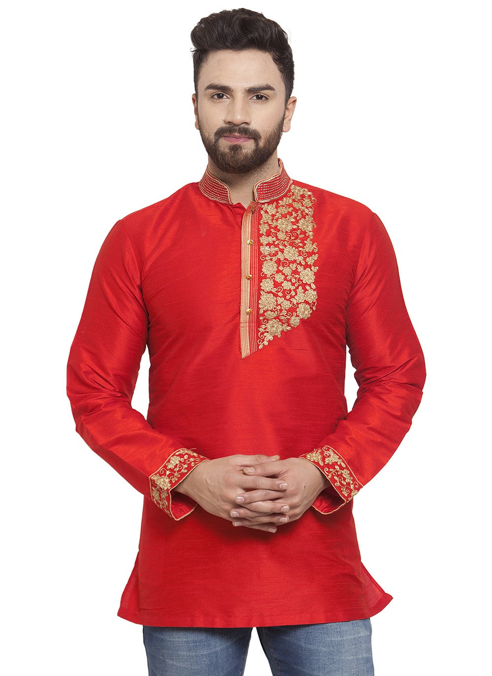 Machine Embroidery Dupion Silk Red Short Kurta - M5721