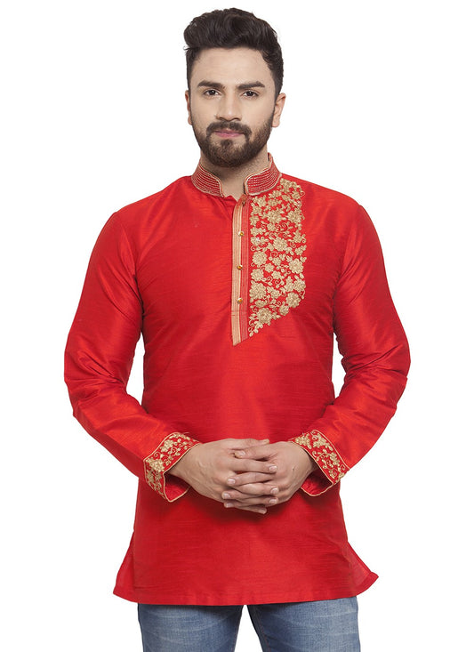 Machine Embroidery Dupion Silk Red Short Kurta - M5721